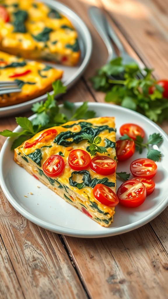 Herb-Infused Vegetable Frittata Recipe Slice of vegetable frittata with spinach, bell peppers, and tomatoes, garnished with herbs, on a rustic table.